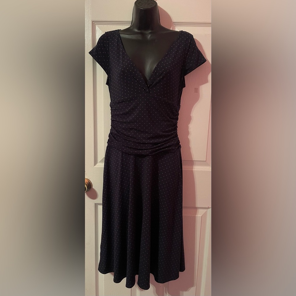 BCBG Maxazria Navy Tan Polka dot V Neck Midi Dress, Size Small